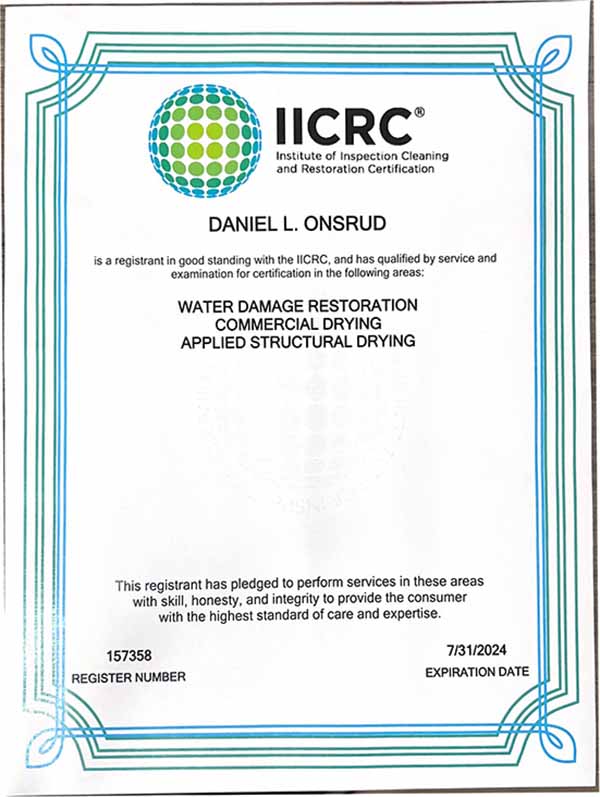 Dan Onsrud IICRC certification Bulovas Restoration